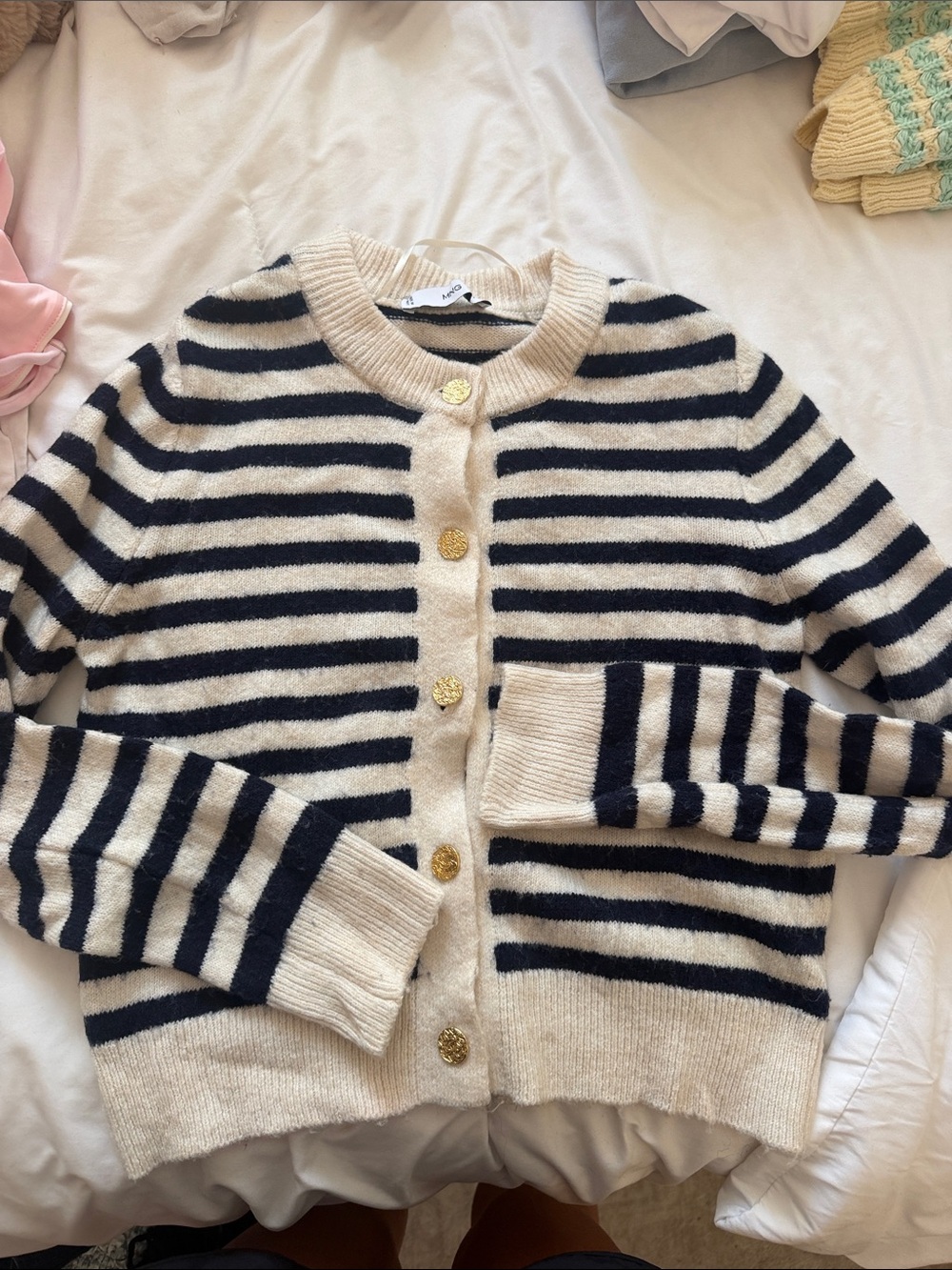 Striped Crewneck Button-Front Sweater Cardigan - Black & Cream